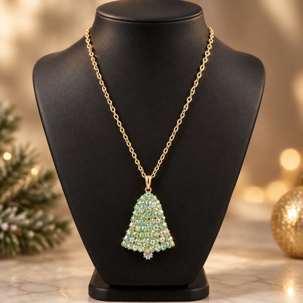 Vintage Signed Tree Pendant Necklace-Green Crystal AB